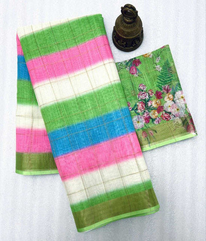 Linen Kesh223 481 Sarees  Printed Zari Border Linen Sarees