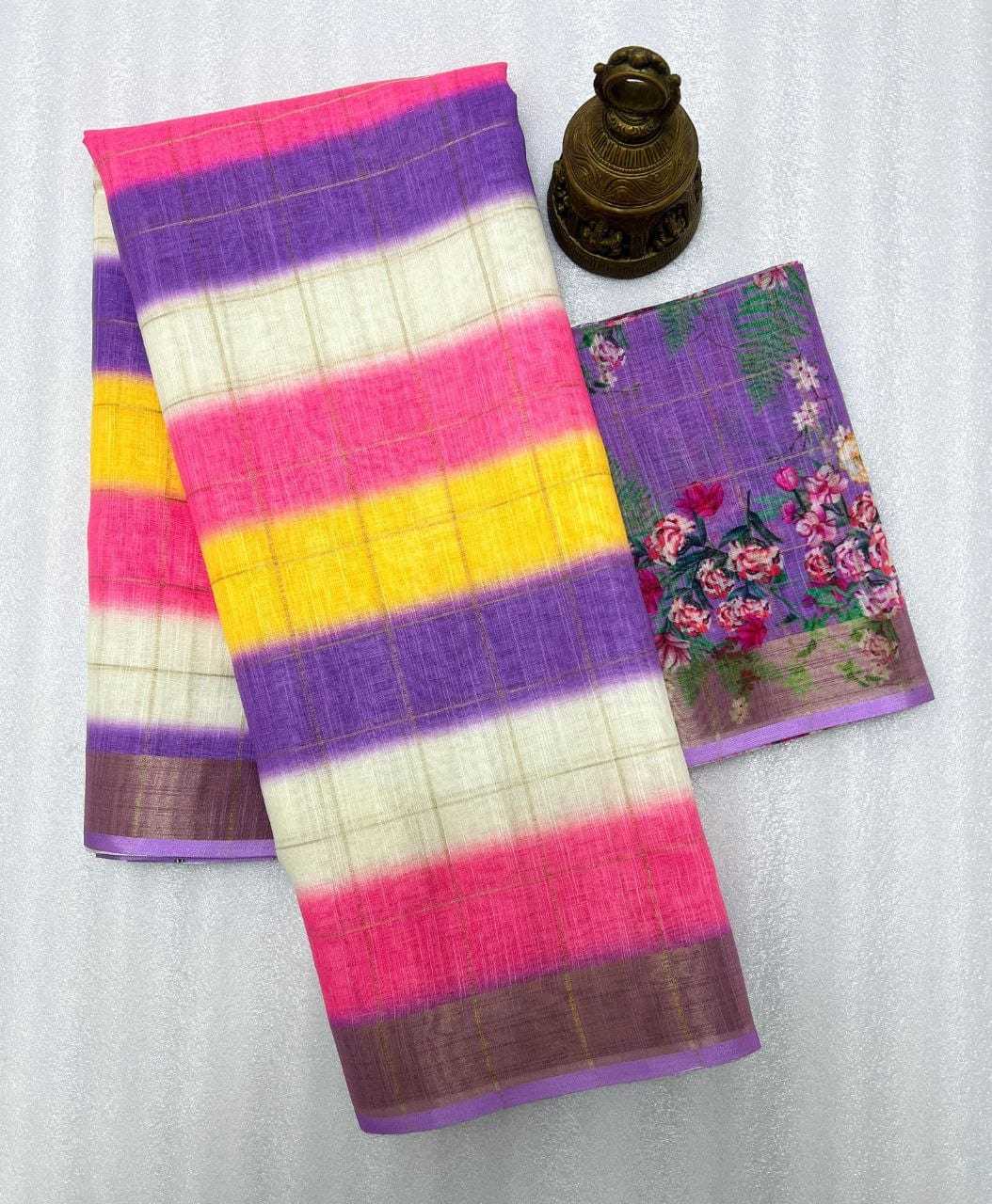 Linen Kesh223 481 Sarees  Printed Zari Border Linen Sarees