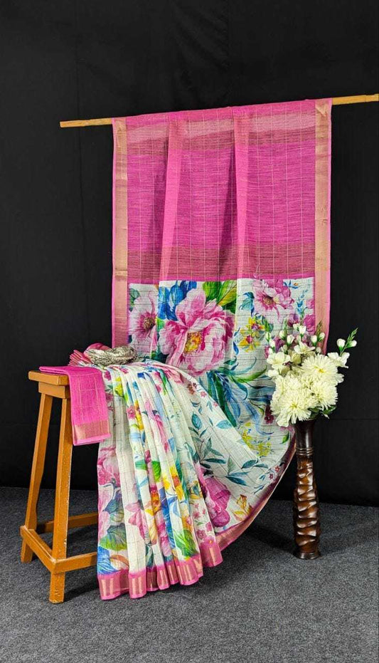 Linen Kesh223 490 Sarees  Printed Zari Border Linen Office Wear  Sarees