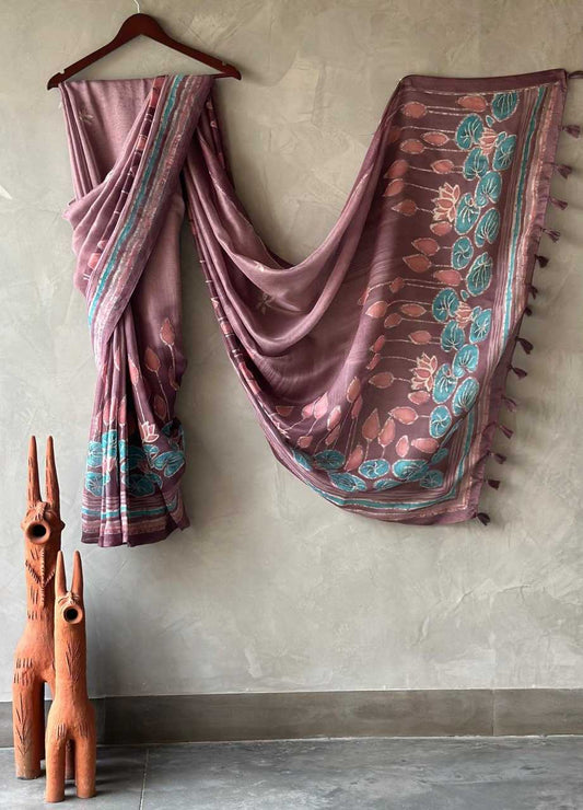 Linen Mud Line Sarees  Printed Cotton Linen Indian Sarees