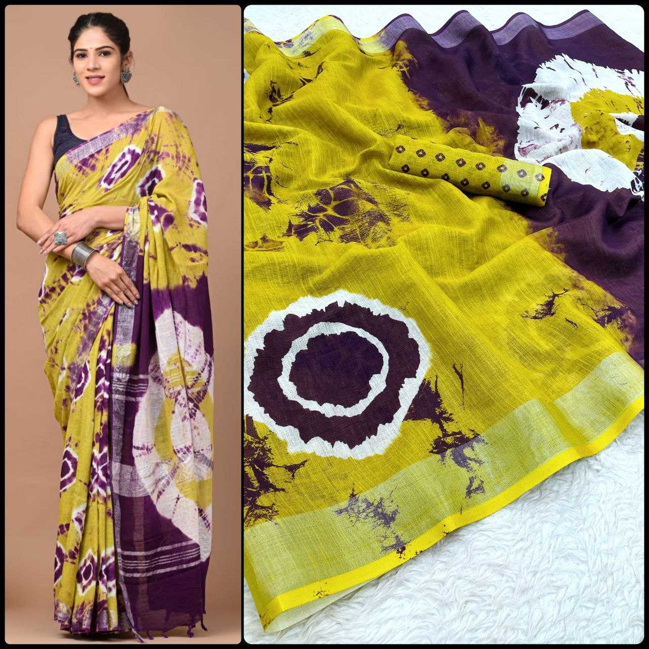 Linen Myf Linen Sarees  Printed Ladies Zari Border Sarees