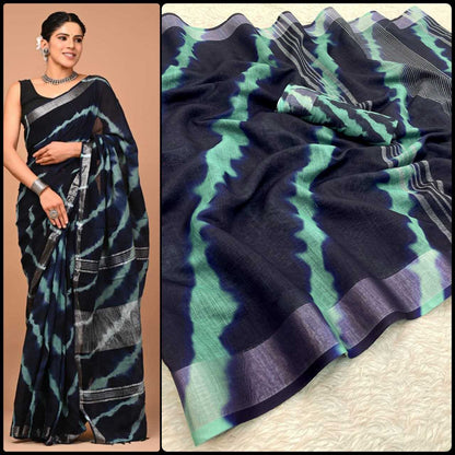 Linen Myf Linen Sarees  Printed Ladies Zari Border Sarees