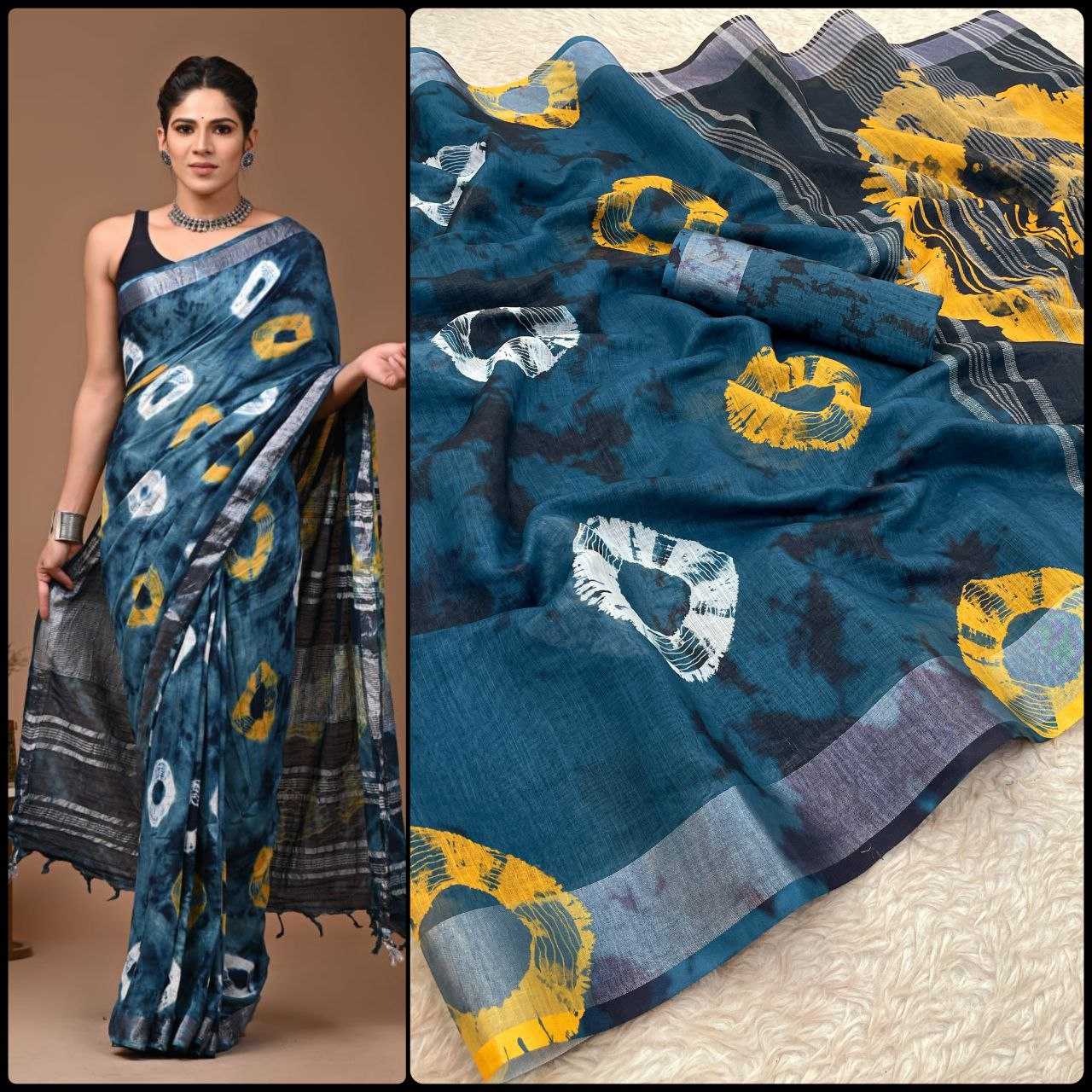 Linen Myf Linen Sarees  Printed Ladies Zari Border Sarees