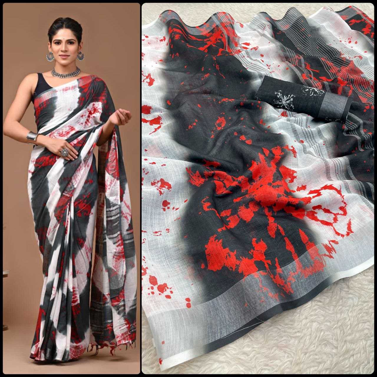 Linen Myf Linen Sarees  Printed Ladies Zari Border Sarees