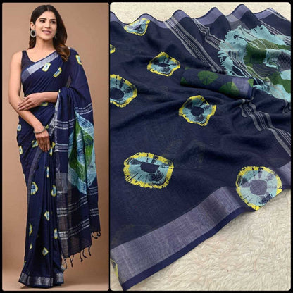 Linen Myf Linen Sarees  Printed Ladies Zari Border Sarees