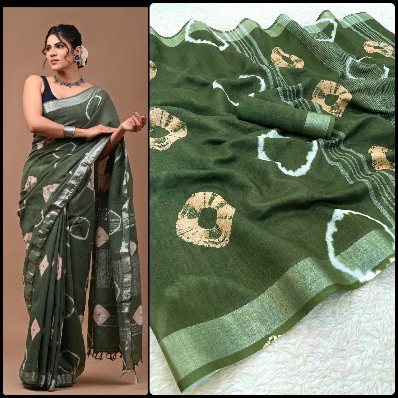 Linen Myf Linen Sarees  Printed Ladies Zari Border Sarees