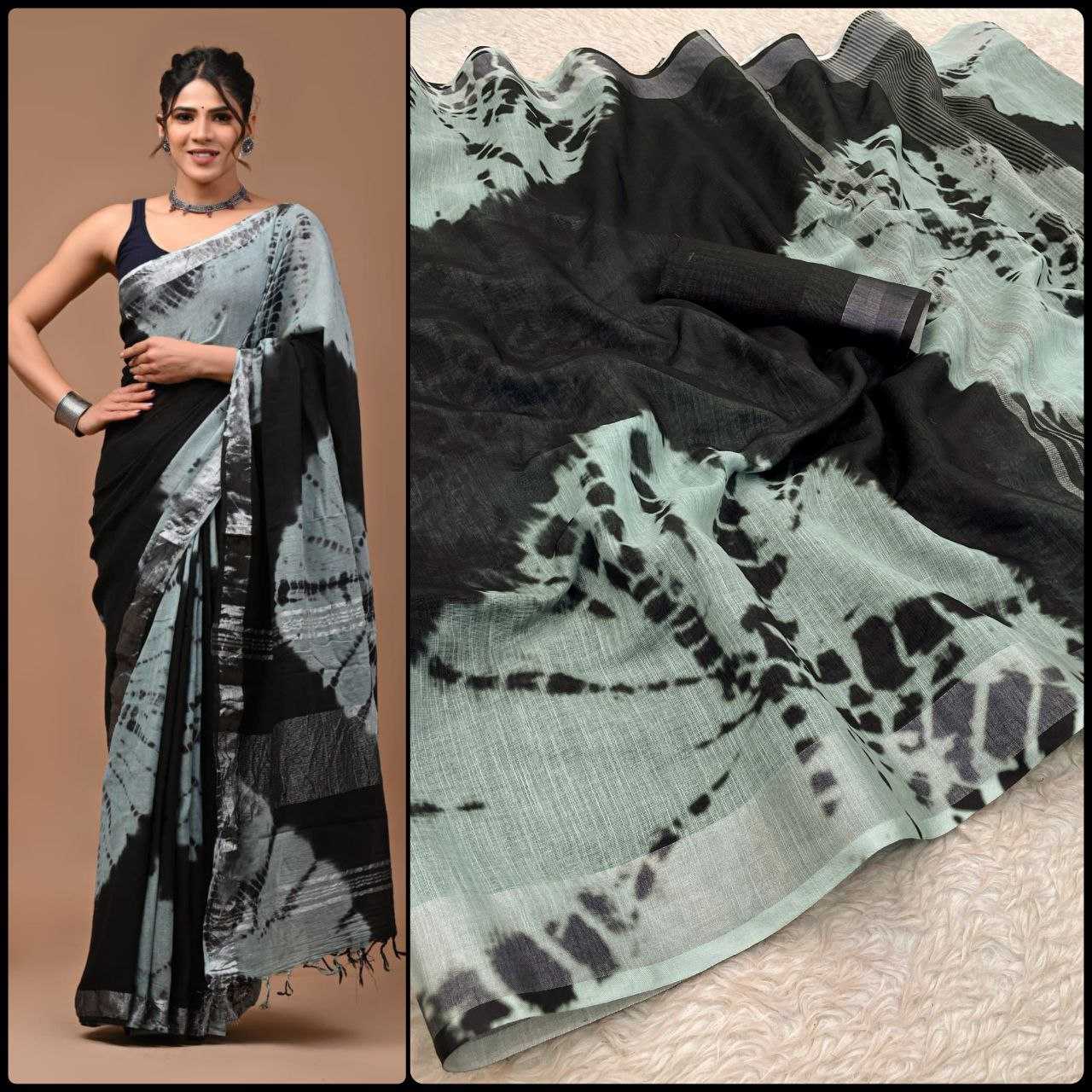 Linen Myf Linen Sarees  Printed Ladies Zari Border Sarees