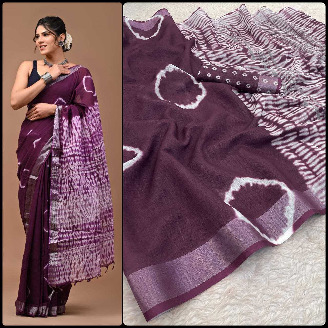 Linen Myf Linen Sarees  Printed Ladies Zari Border Sarees