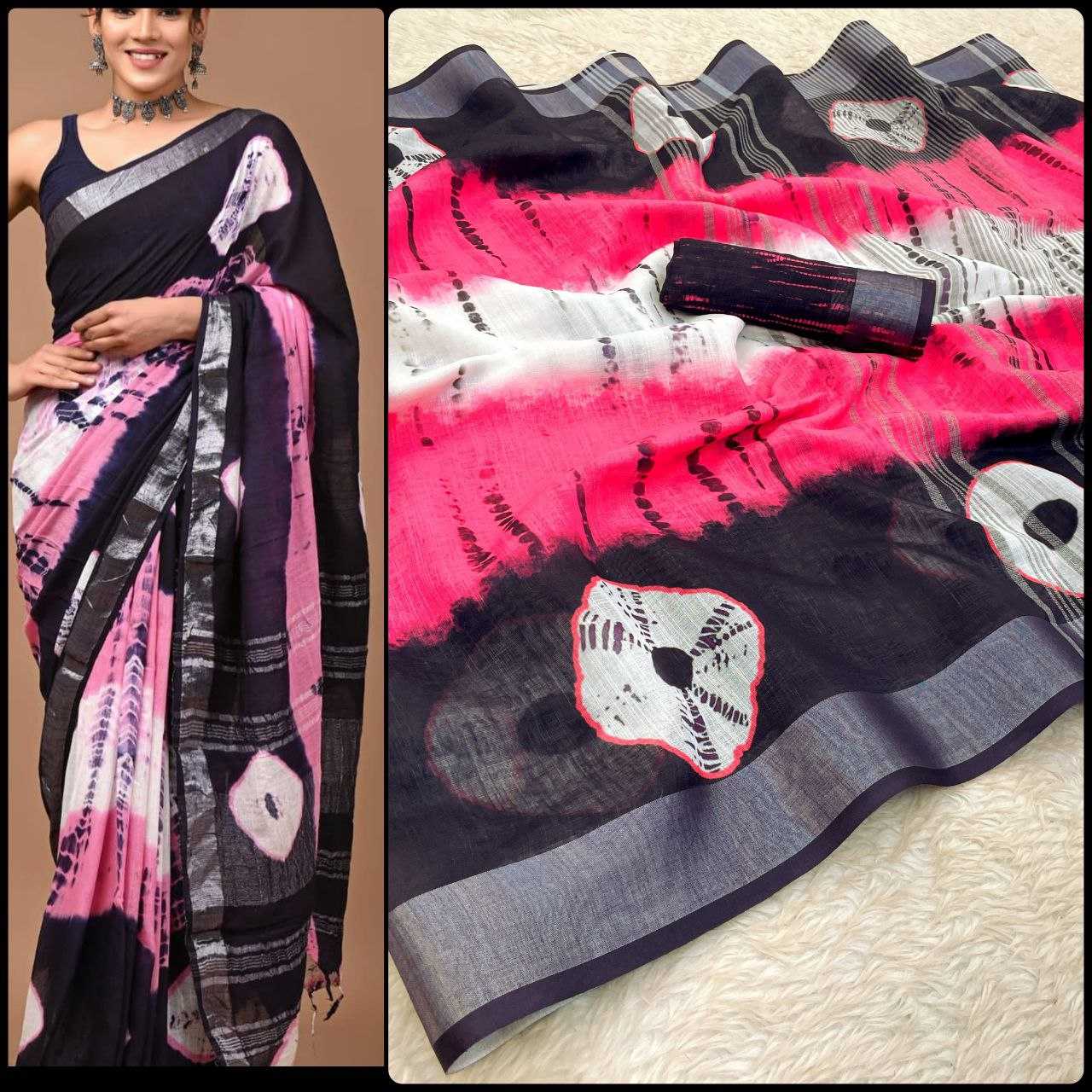 Linen Myf Linen Sarees  Printed Ladies Zari Border Sarees