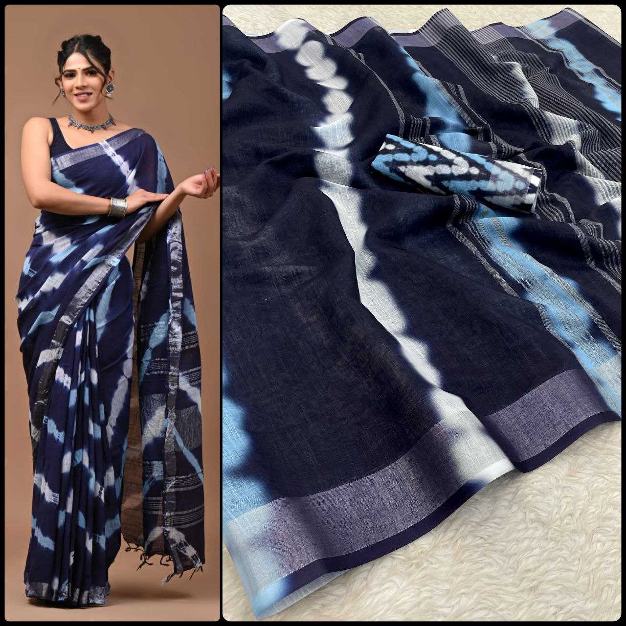 Linen Myf Linen Sarees  Printed Ladies Zari Border Sarees