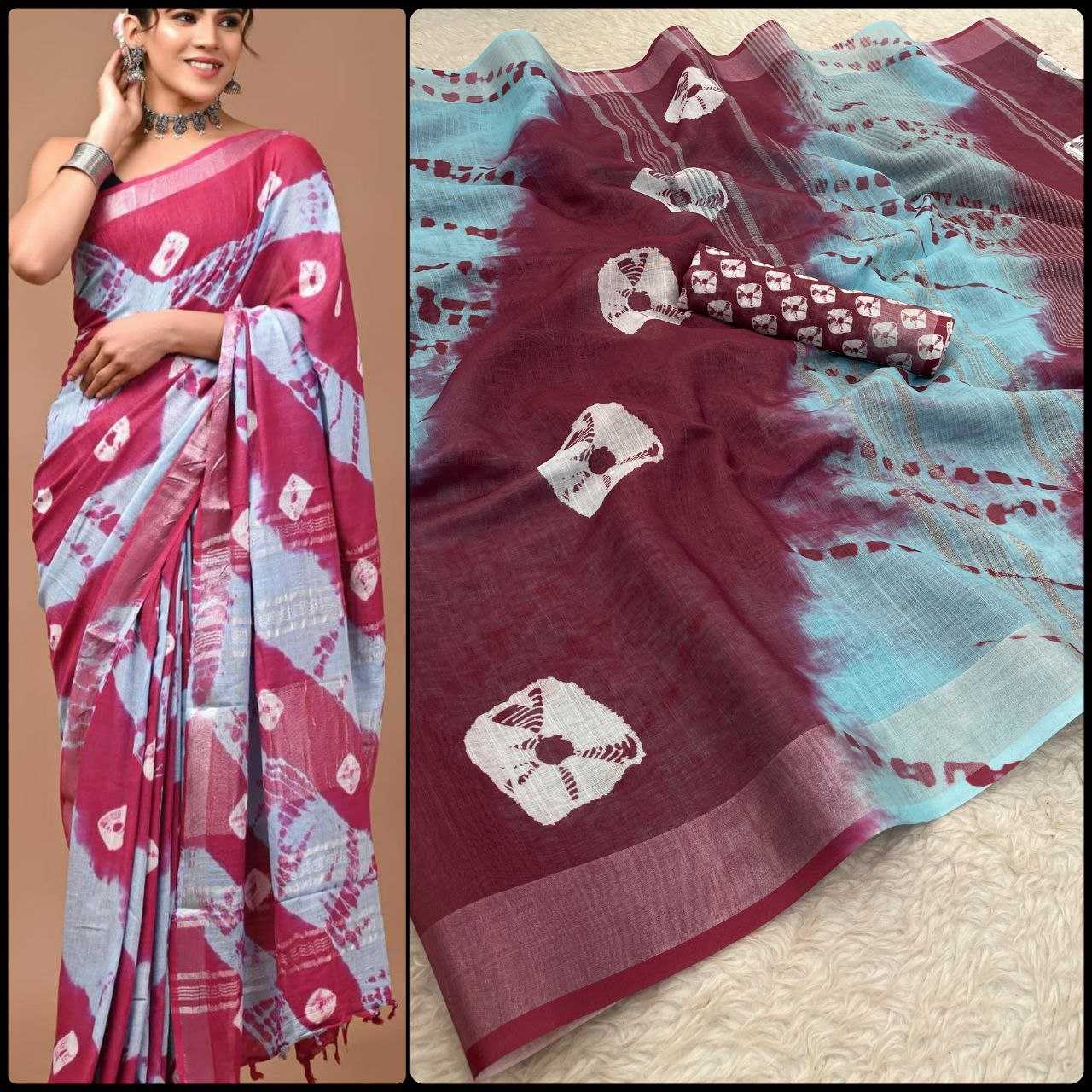 Linen Myf Linen Sarees  Printed Ladies Zari Border Sarees