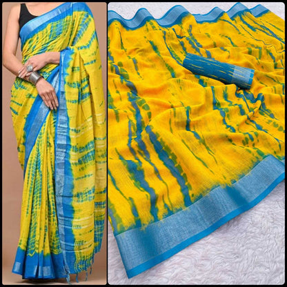 Linen Myf Linen Sarees  Printed Ladies Zari Border Sarees