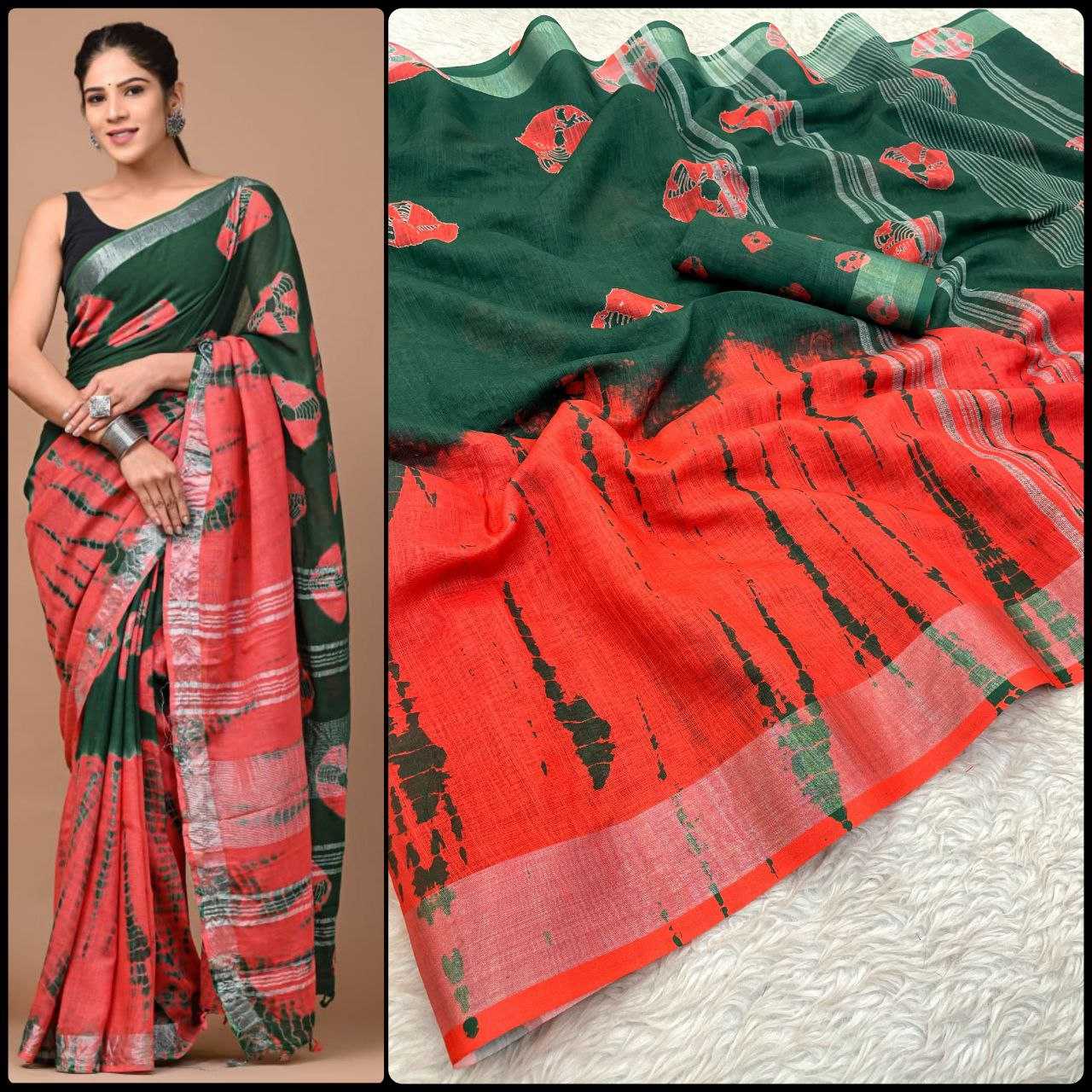 Linen Myf Linen Sarees  Printed Ladies Zari Border Sarees