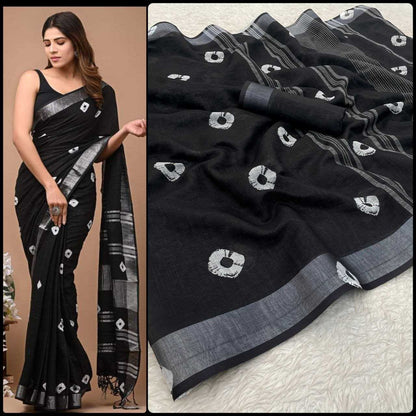 Linen Myf Linen Sarees  Printed Ladies Zari Border Sarees