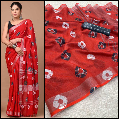 Linen Myf Linen Sarees  Printed Ladies Zari Border Sarees