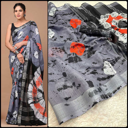 Linen Myf Linen Sarees  Printed Ladies Zari Border Sarees