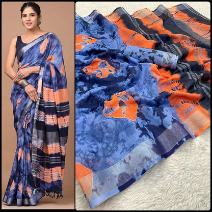 Linen Myf Linen Sarees  Printed Ladies Zari Border Sarees