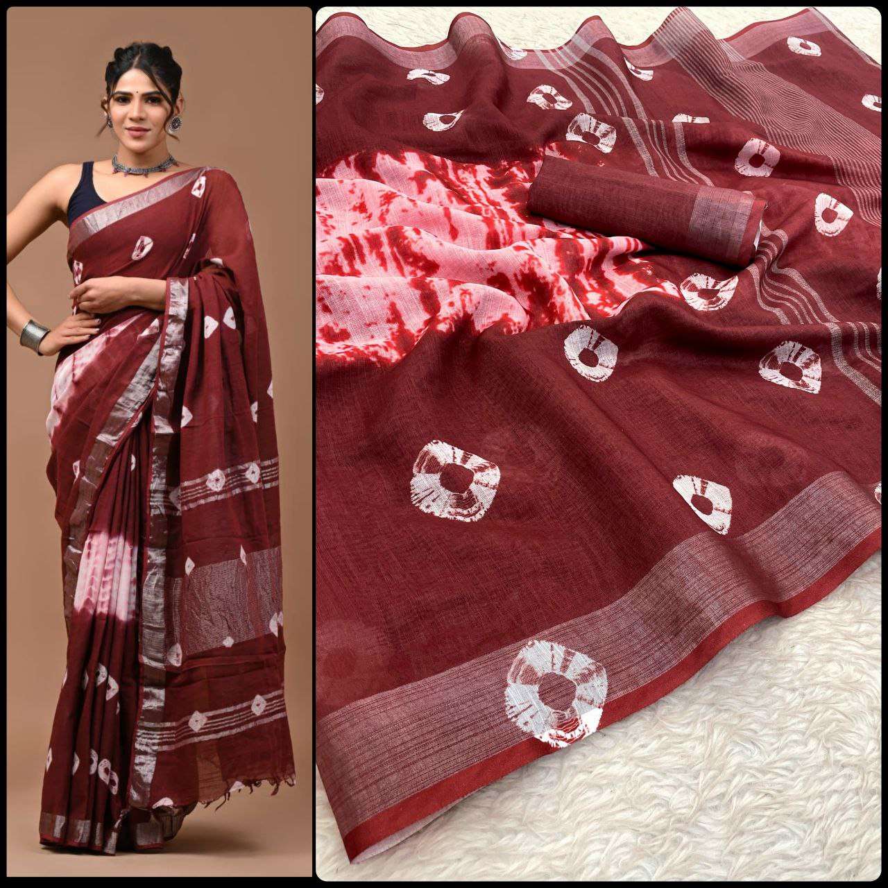 Linen Myf Linen Sarees  Printed Ladies Zari Border Sarees