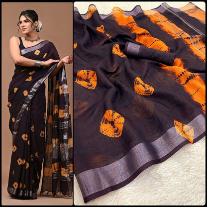 Linen Myf Linen Sarees  Printed Ladies Zari Border Sarees