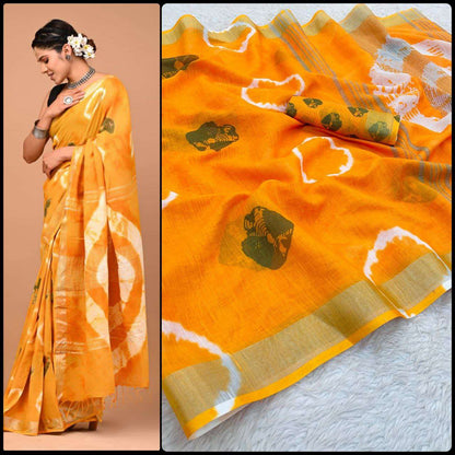 Linen Myf Linen Sarees  Printed Ladies Zari Border Sarees