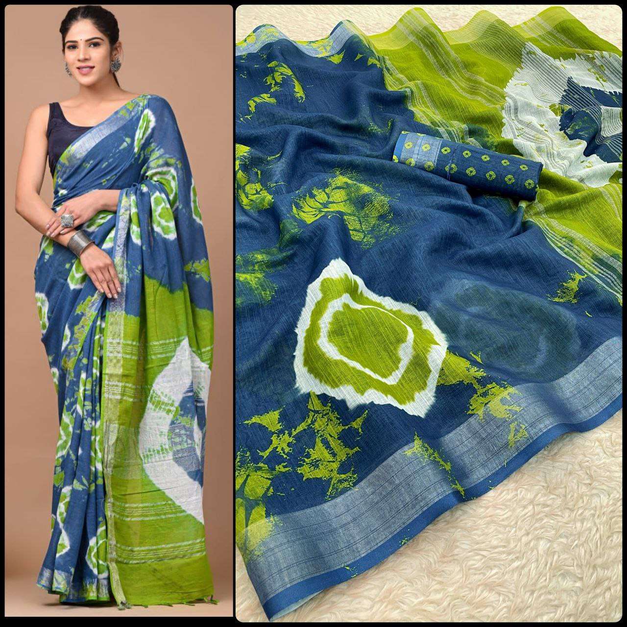 Linen Myf Linen Sarees  Printed Ladies Zari Border Sarees