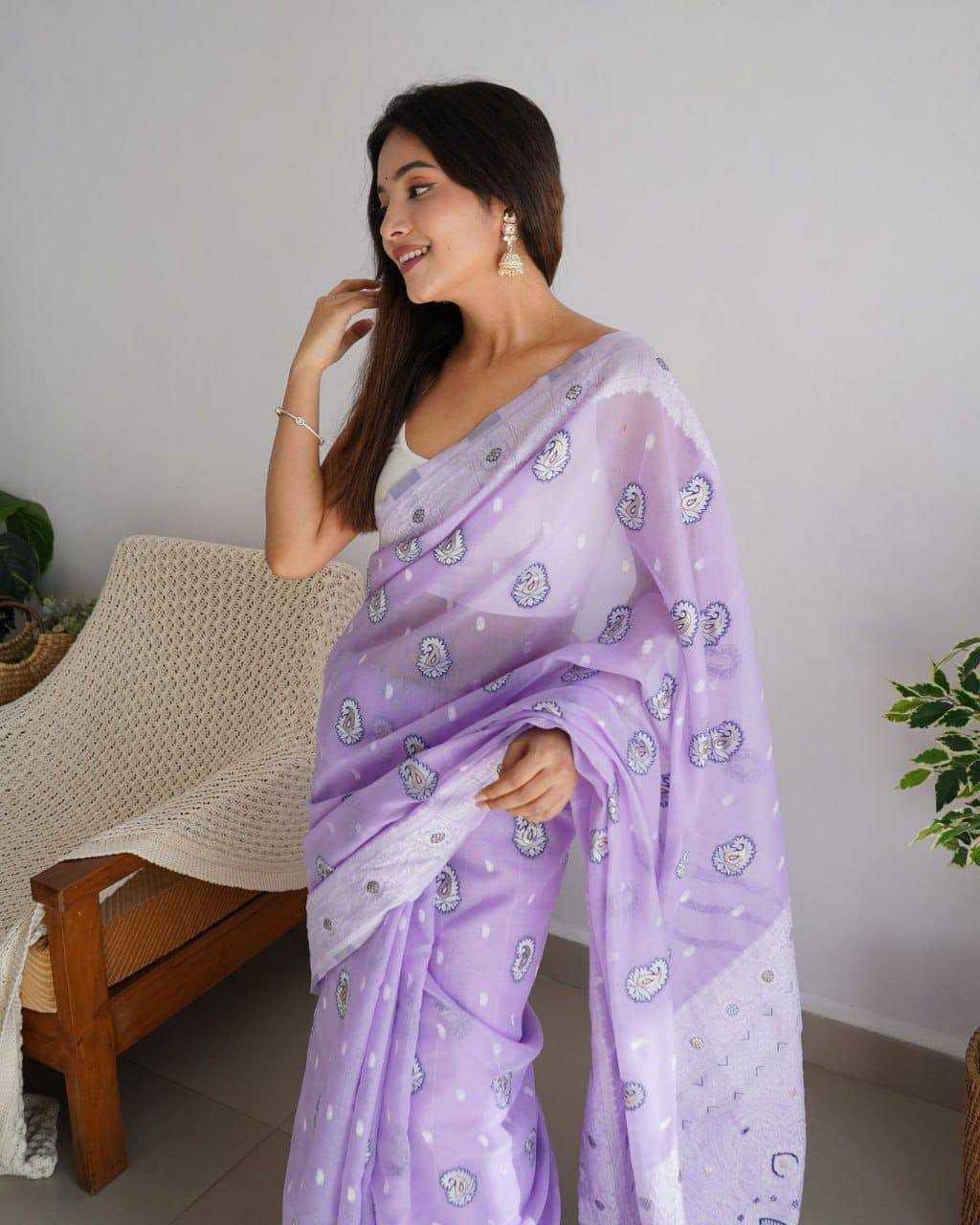 Linen Rin138 618 Sarees  Ladies Zari Border Butta Sarees