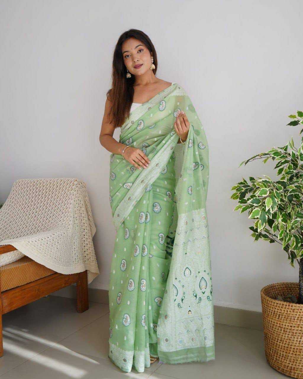 Linen Rin138 618 Sarees  Ladies Zari Border Butta Sarees