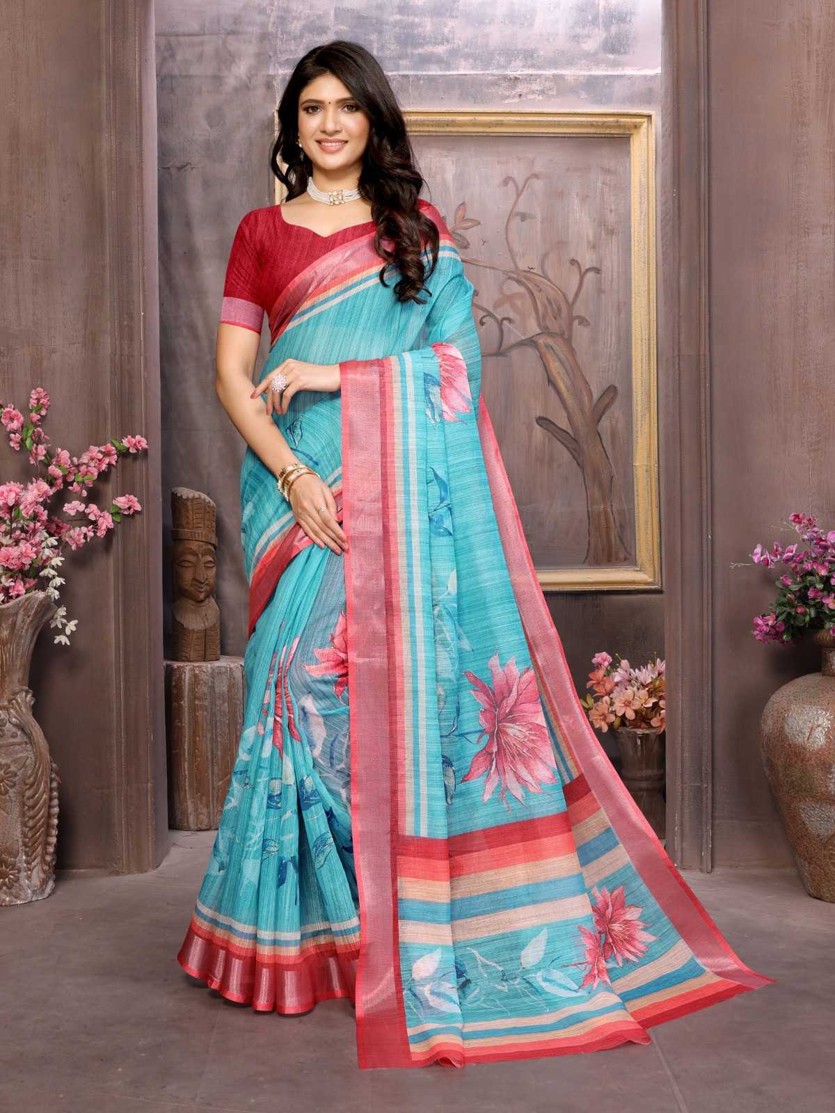 Linen Rin168 Rkc41 Sarees  Printed Cotton Linen Ladies Sarees