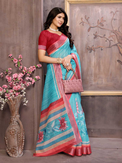 Linen Rin168 Rkc41 Sarees  Printed Cotton Linen Ladies Sarees