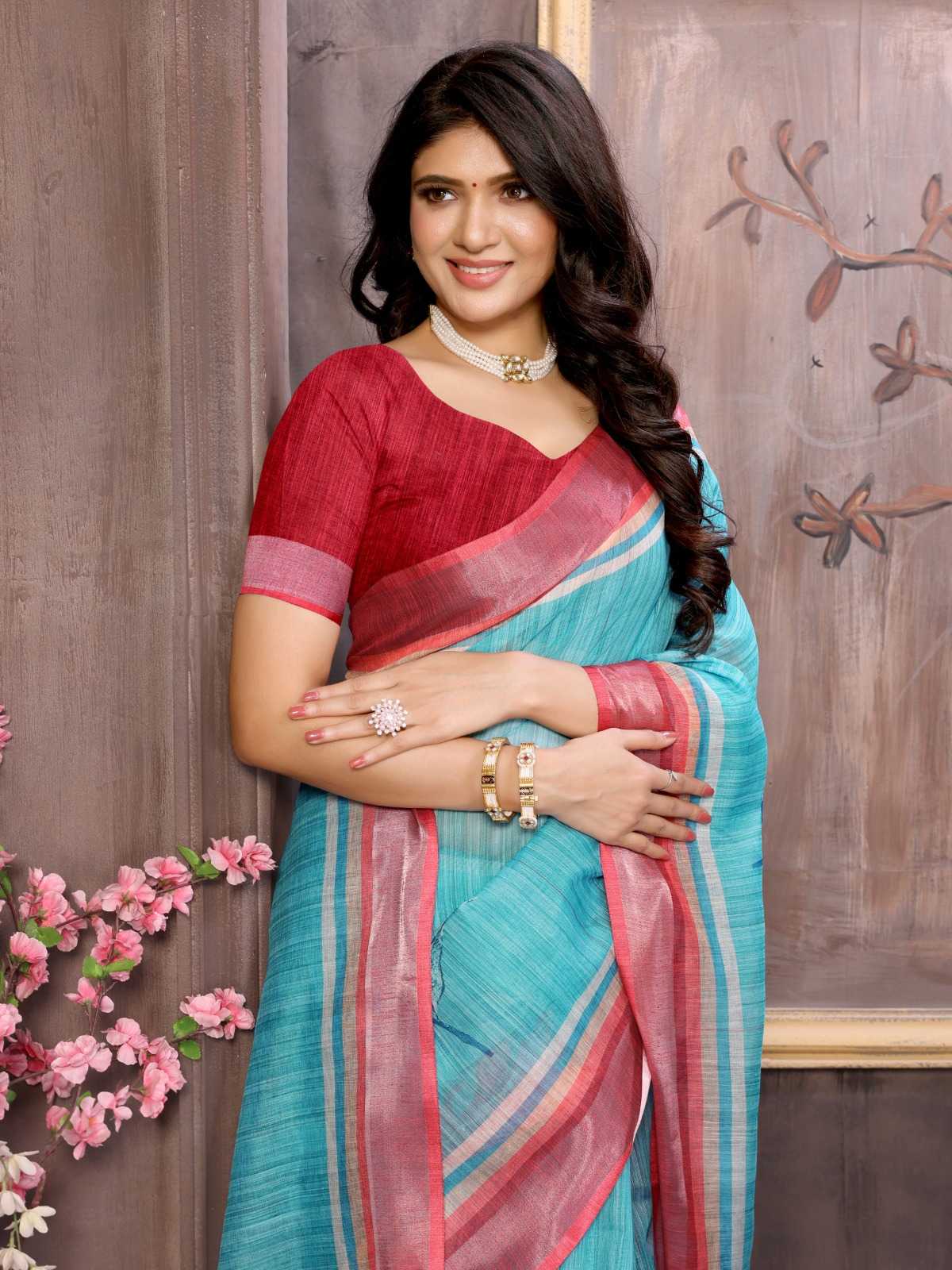 Linen Rin168 Rkc41 Sarees  Printed Cotton Linen Ladies Sarees