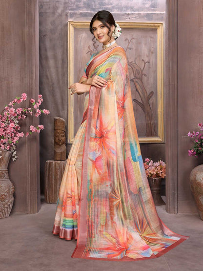 Linen Rin168 Rkc41 Sarees  Printed Cotton Linen Ladies Sarees