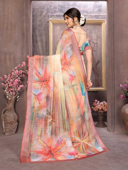 Linen Rin168 Rkc41 Sarees  Printed Cotton Linen Ladies Sarees