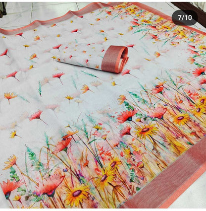 Linen Rin168 Rkc42 Sarees  White Ladies Printed Sarees