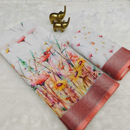 Linen Rin168 Rkc42 Sarees  White Ladies Printed Sarees