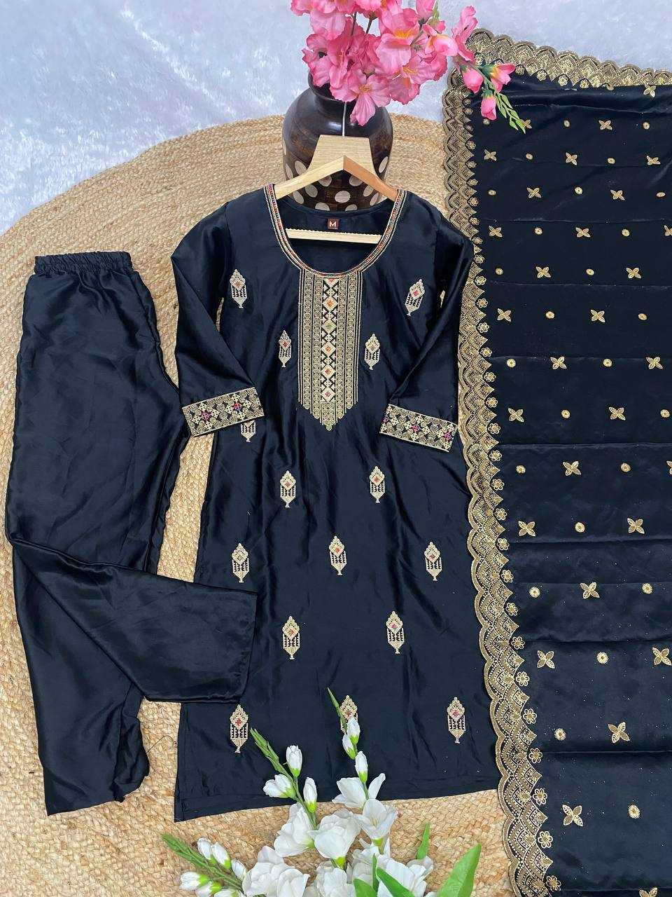 Malay Satin Silk Kesh164 G70 Suits & Dresses  Embroidry Long Kurti Black Salwar Ladies Silk Suits Manufacture