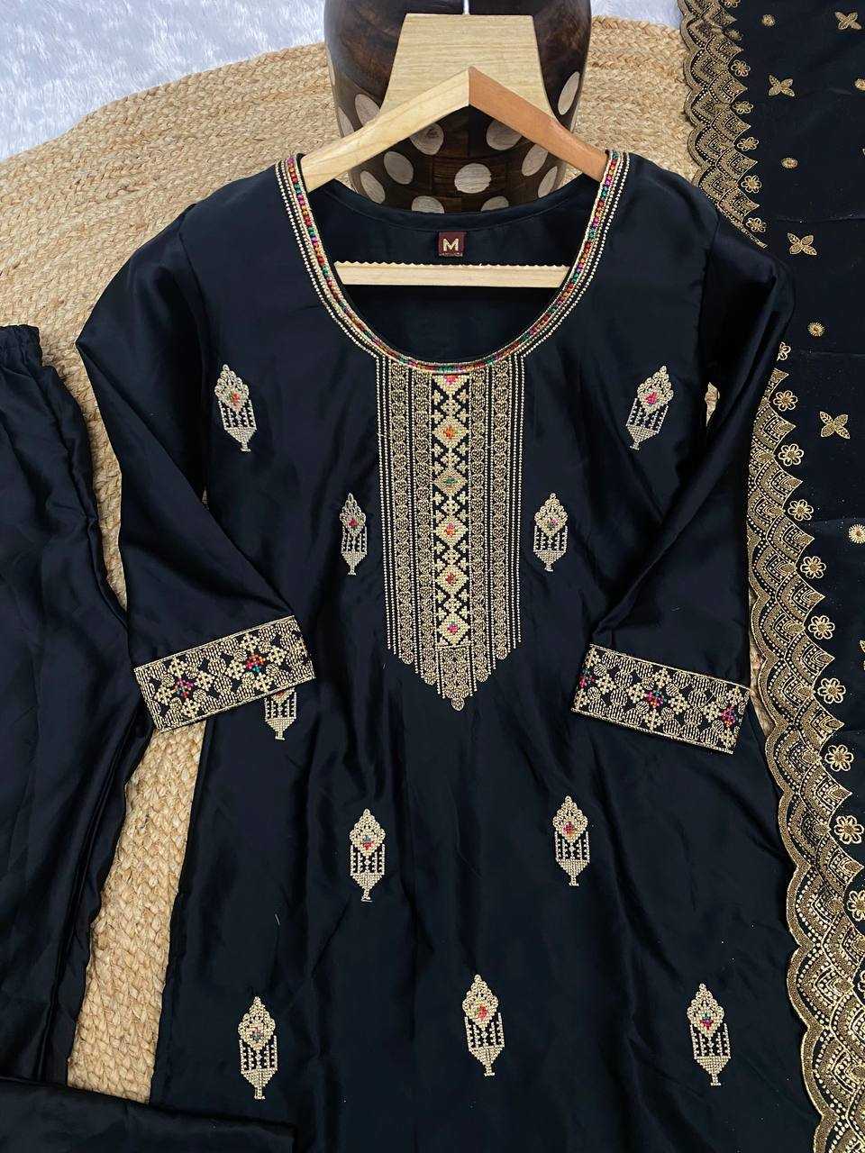 Malay Satin Silk Kesh164 G70 Suits & Dresses  Embroidry Long Kurti Black Salwar Ladies Silk Suits Manufacture