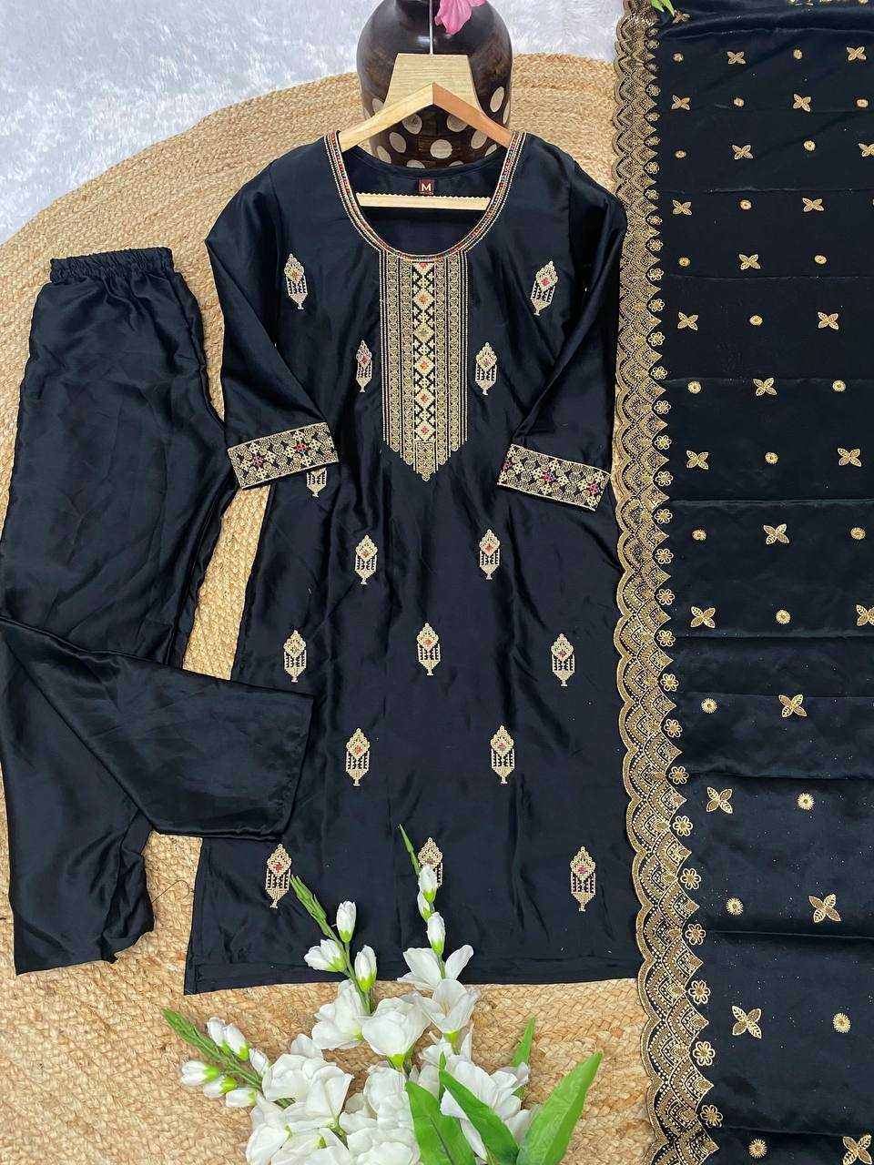 Malay Satin Silk Kesh164 G70 Suits & Dresses  Embroidry Long Kurti Black Salwar Ladies Silk Suits Manufacture