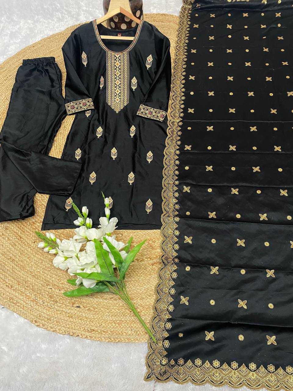 Malay Satin Silk Kesh164 G70 Suits & Dresses  Embroidry Long Kurti Black Salwar Ladies Silk Suits Manufacture