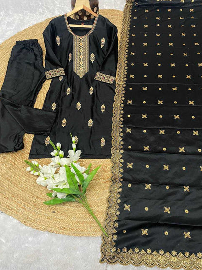 Malay Satin Silk Kesh164 G70 Suits & Dresses  Embroidry Long Kurti Black Salwar Ladies Silk Suits Manufacture