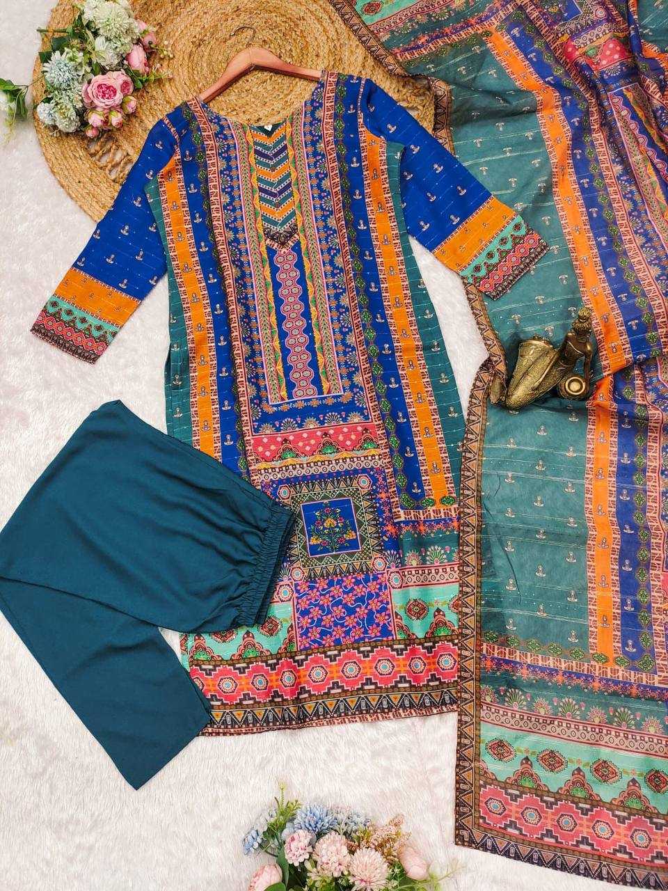 Maslin Kesh211 Ldy89 Suits & Dresses  Printed Embroidery Long Kurti Blue Salwar Diwali Collections Suits