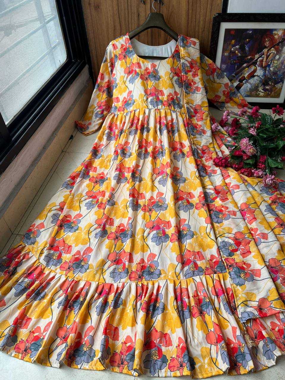 Muslin Cotton Kesh149 1229 Gowns  Printed Fancy Anarkali Long Gowns