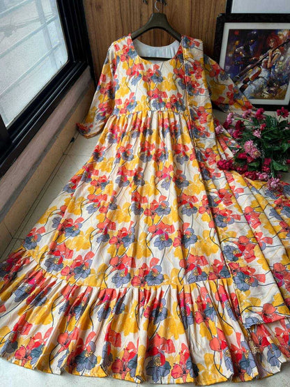 Muslin Cotton Kesh149 1229 Gowns  Printed Fancy Anarkali Long Gowns