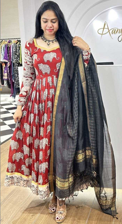 Muslin Cotton Kesh208 095 Gowns  Printed Anarkali Long Red Indo Western Gown With Jacket Fancy Gowns