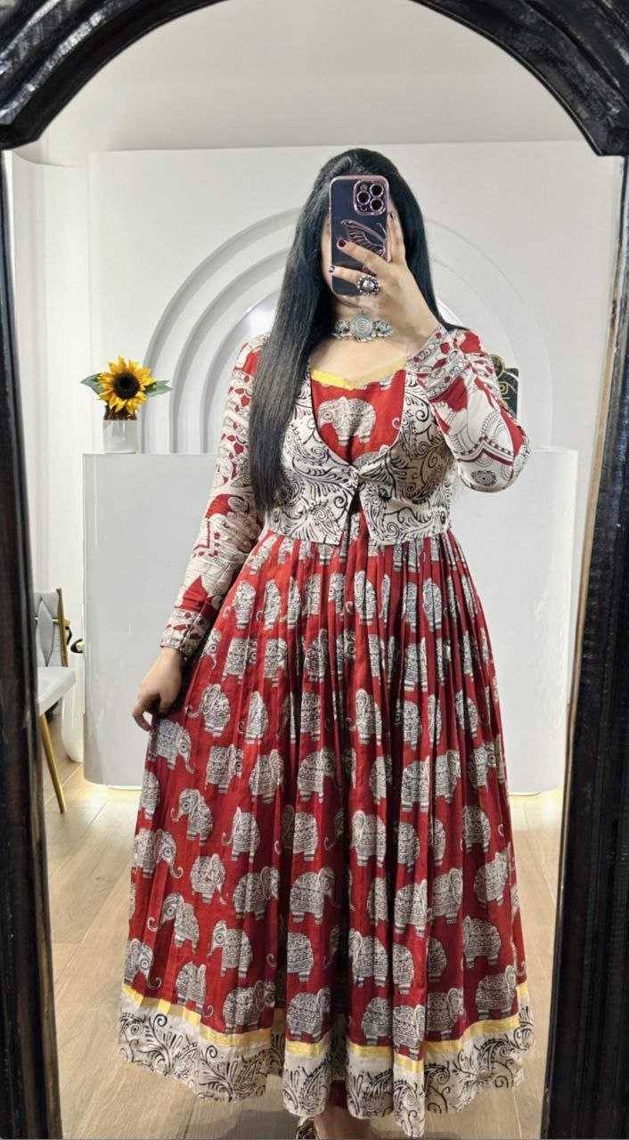 Muslin Cotton Kesh208 095 Gowns  Printed Anarkali Long Red Indo Western Gown With Jacket Fancy Gowns