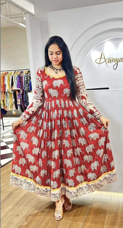 Muslin Cotton Kesh208 095 Gowns  Printed Anarkali Long Red Indo Western Gown With Jacket Fancy Gowns