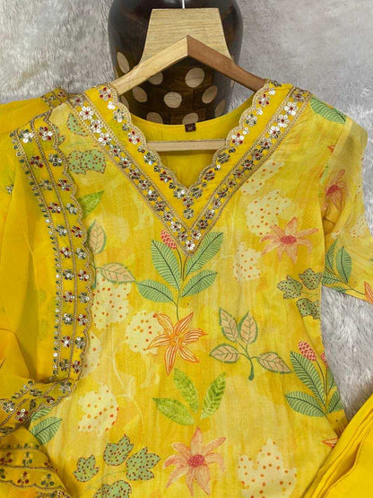 Muslin Kesh164 G60 Suits & Dresses  Printed Long Kurti Yellow Salwar Embroidry Suits Manufacture