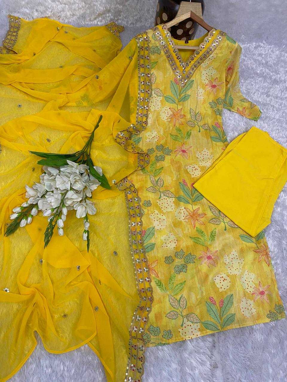 Muslin Kesh164 G60 Suits & Dresses  Printed Long Kurti Yellow Salwar Embroidry Suits Manufacture