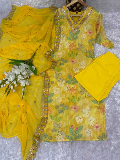 Muslin Kesh164 G60 Suits & Dresses  Printed Long Kurti Yellow Salwar Embroidry Suits Manufacture