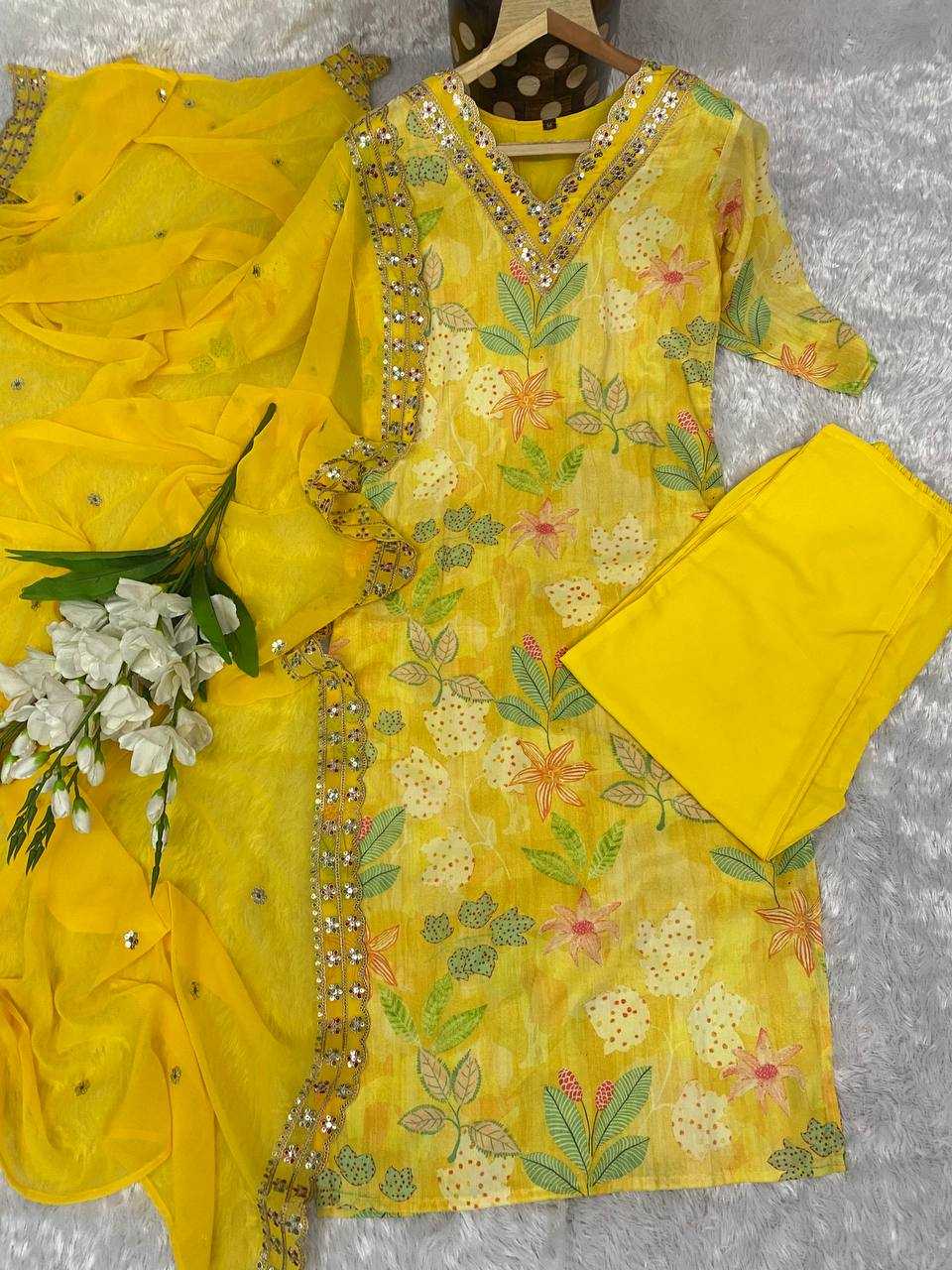 Muslin Kesh164 G60 Suits & Dresses  Printed Long Kurti Yellow Salwar Embroidry Suits Manufacture