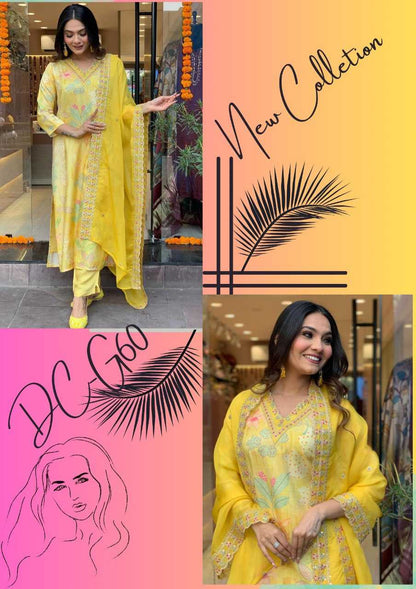 Muslin Kesh164 G60 Suits & Dresses  Printed Long Kurti Yellow Salwar Embroidry Suits Manufacture